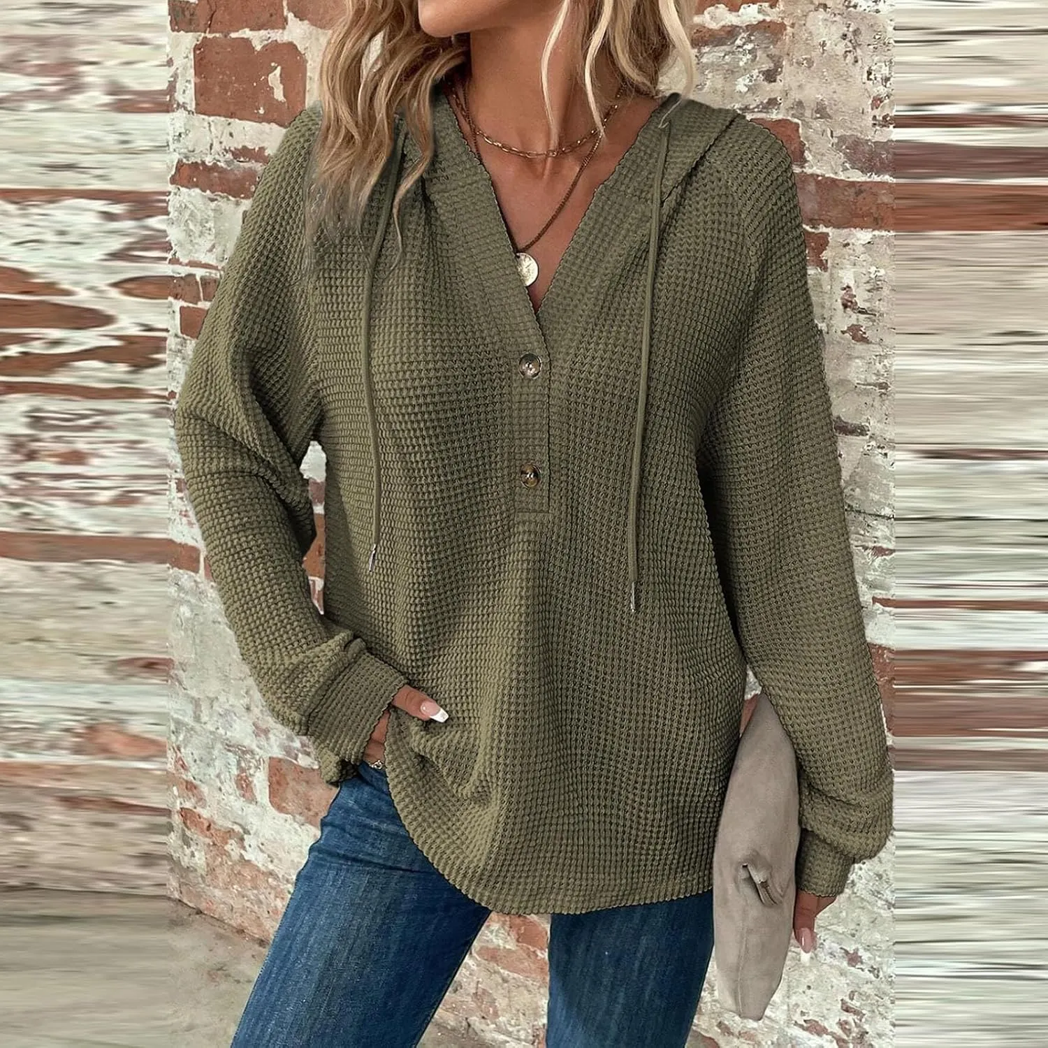 Hoodies for Women Waffle Knit Drawstring Button V Neck Hooded Sweatshirt Fall Loose Fit Long Sleeve Pullover Sweater