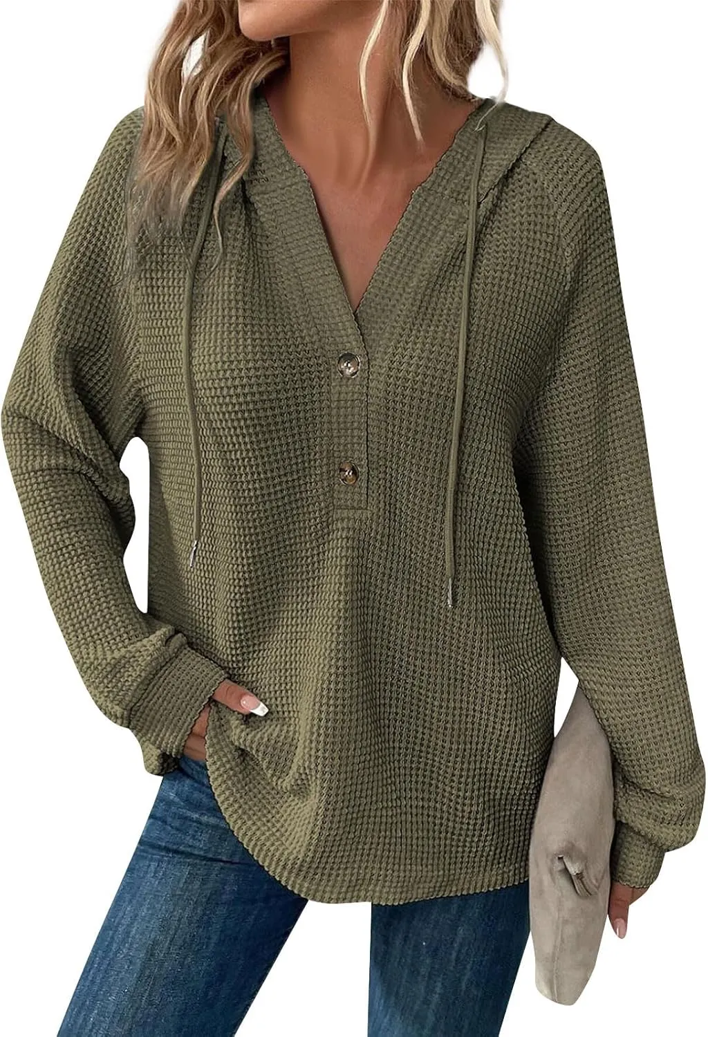 Hoodies for Women Waffle Knit Drawstring Button V Neck Hooded Sweatshirt Fall Loose Fit Long Sleeve Pullover Sweater