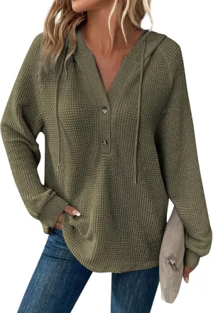 Hoodies for Women Waffle Knit Drawstring Button V Neck Hooded Sweatshirt Fall Loose Fit Long Sleeve Pullover Sweater