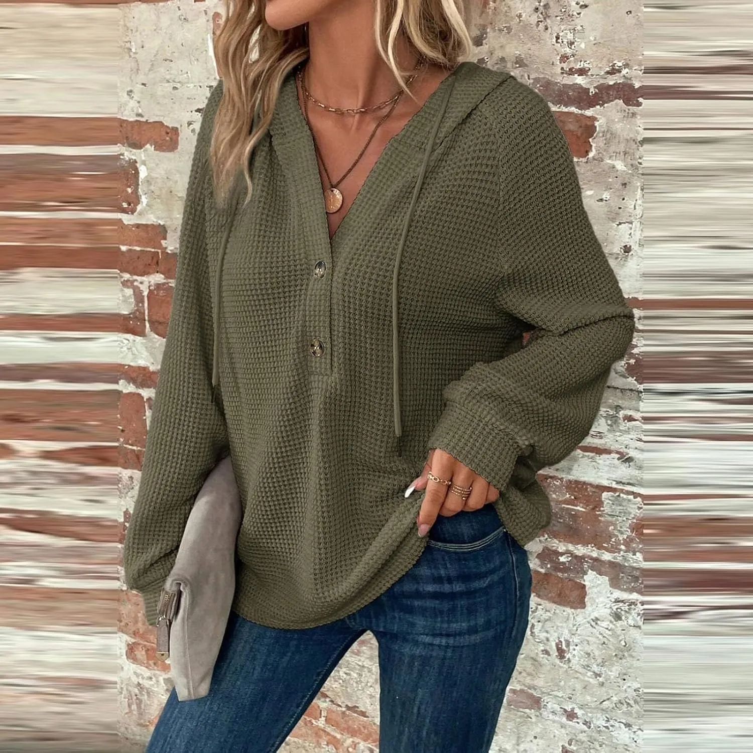 Hoodies for Women Waffle Knit Drawstring Button V Neck Hooded Sweatshirt Fall Loose Fit Long Sleeve Pullover Sweater