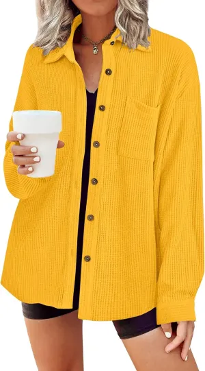 HOTOUCH Waffle Knit Button Down Shirts for Women Dressy Casual Work Tops Long Sleeve Loose Fit Shacket with Pocket