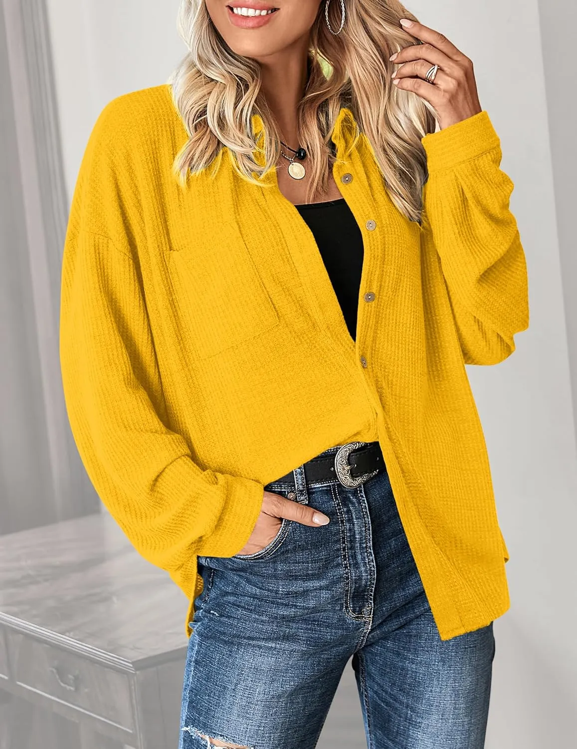 HOTOUCH Waffle Knit Button Down Shirts for Women Dressy Casual Work Tops Long Sleeve Loose Fit Shacket with Pocket