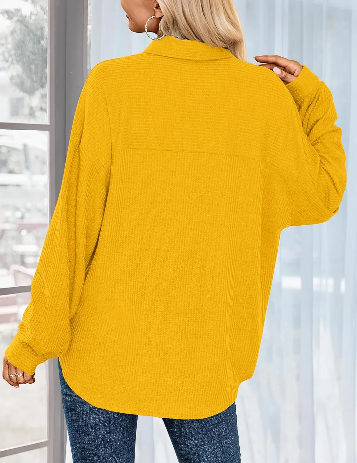 HOTOUCH Waffle Knit Button Down Shirts for Women Dressy Casual Work Tops Long Sleeve Loose Fit Shacket with Pocket