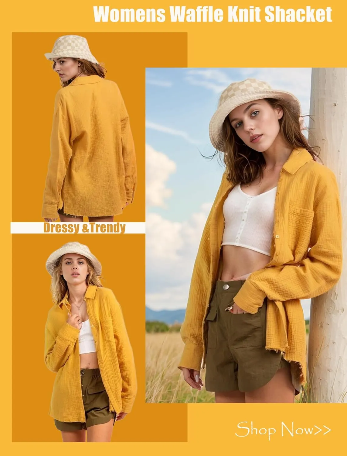 HOTOUCH Waffle Knit Button Down Shirts for Women Dressy Casual Work Tops Long Sleeve Loose Fit Shacket with Pocket
