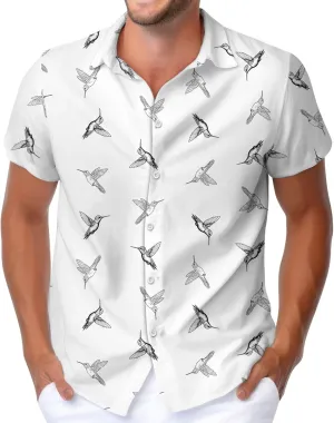 HUNTFAMI Men's Hawaiian Beach Shirt with Flamingo Shirt Men Print - Short Sleeve Linen Button Down