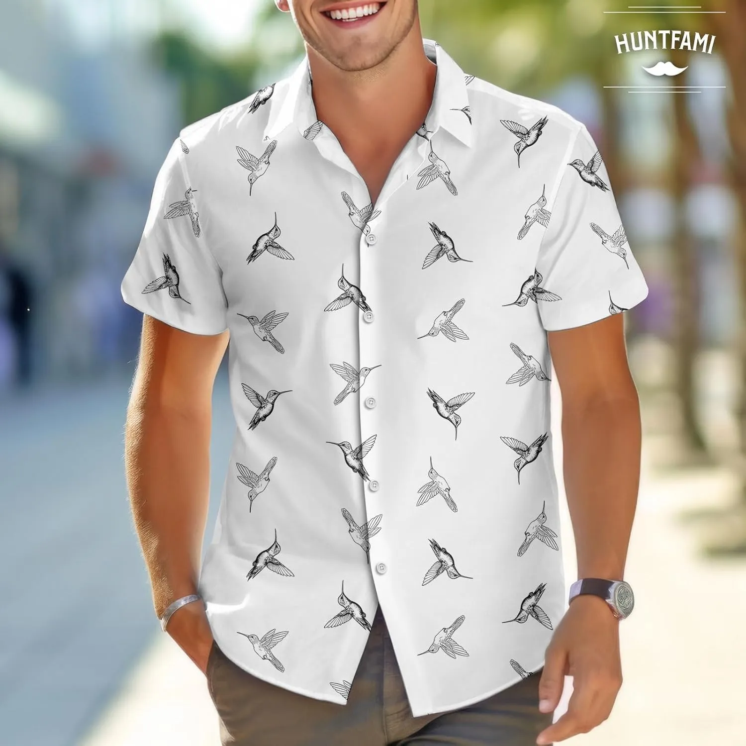 HUNTFAMI Men's Hawaiian Beach Shirt with Flamingo Shirt Men Print - Short Sleeve Linen Button Down