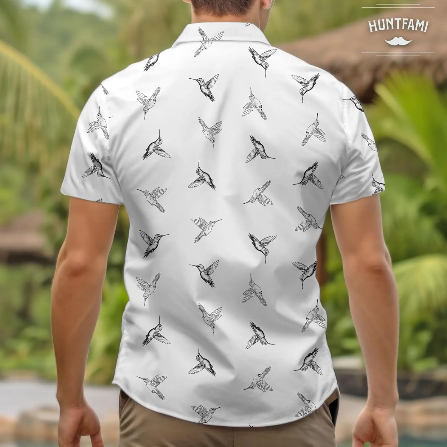HUNTFAMI Men's Hawaiian Beach Shirt with Flamingo Shirt Men Print - Short Sleeve Linen Button Down