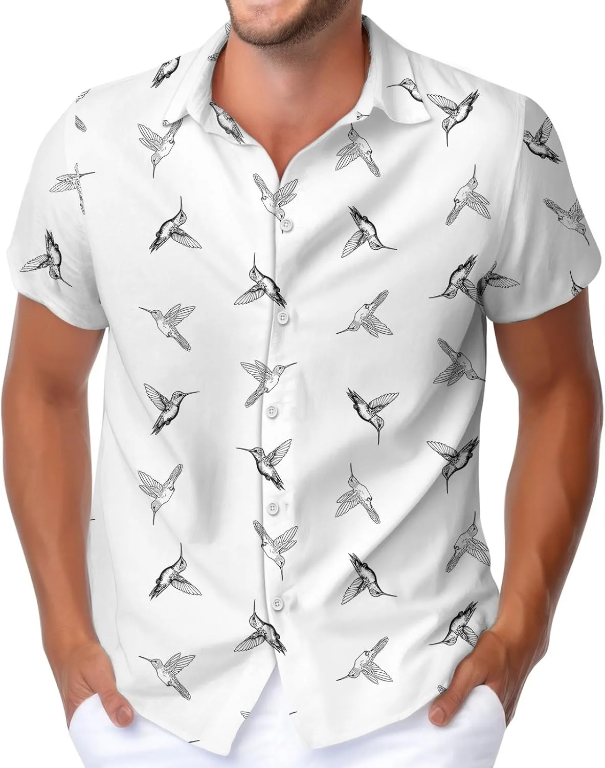 HUNTFAMI Men's Hawaiian Beach Shirt with Flamingo Shirt Men Print - Short Sleeve Linen Button Down