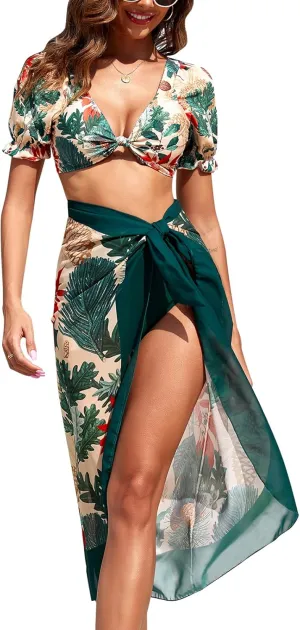 IDOPIP Women's One Piece Swimsuit with Beach Cover up Wrap Skirt Sarong Retro Floral Print Bikini Set Two Piece Bathing Suits