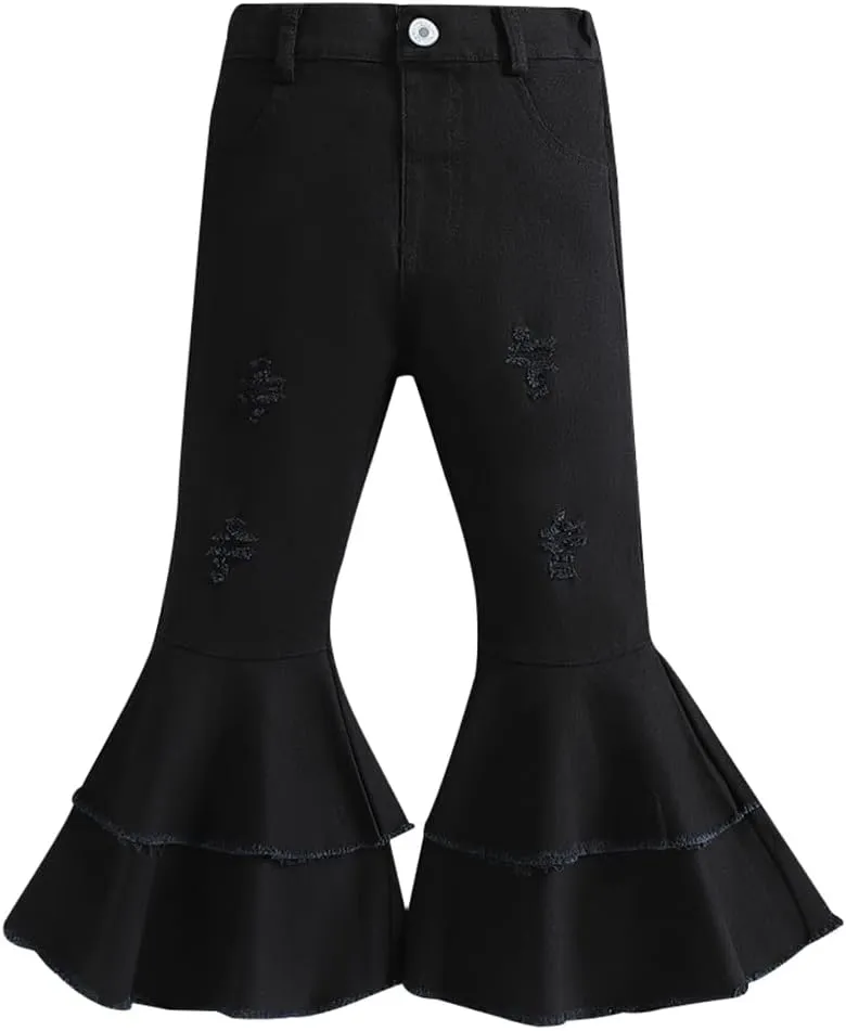 IWEMEK Toddler Girls Ruffle Ripped Jeans Bell Bottom Flare Pants Ripped Denim Leggings Trousers Elastic Waist Ruffle Pants