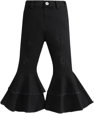 IWEMEK Toddler Girls Ruffle Ripped Jeans Bell Bottom Flare Pants Ripped Denim Leggings Trousers Elastic Waist Ruffle Pants