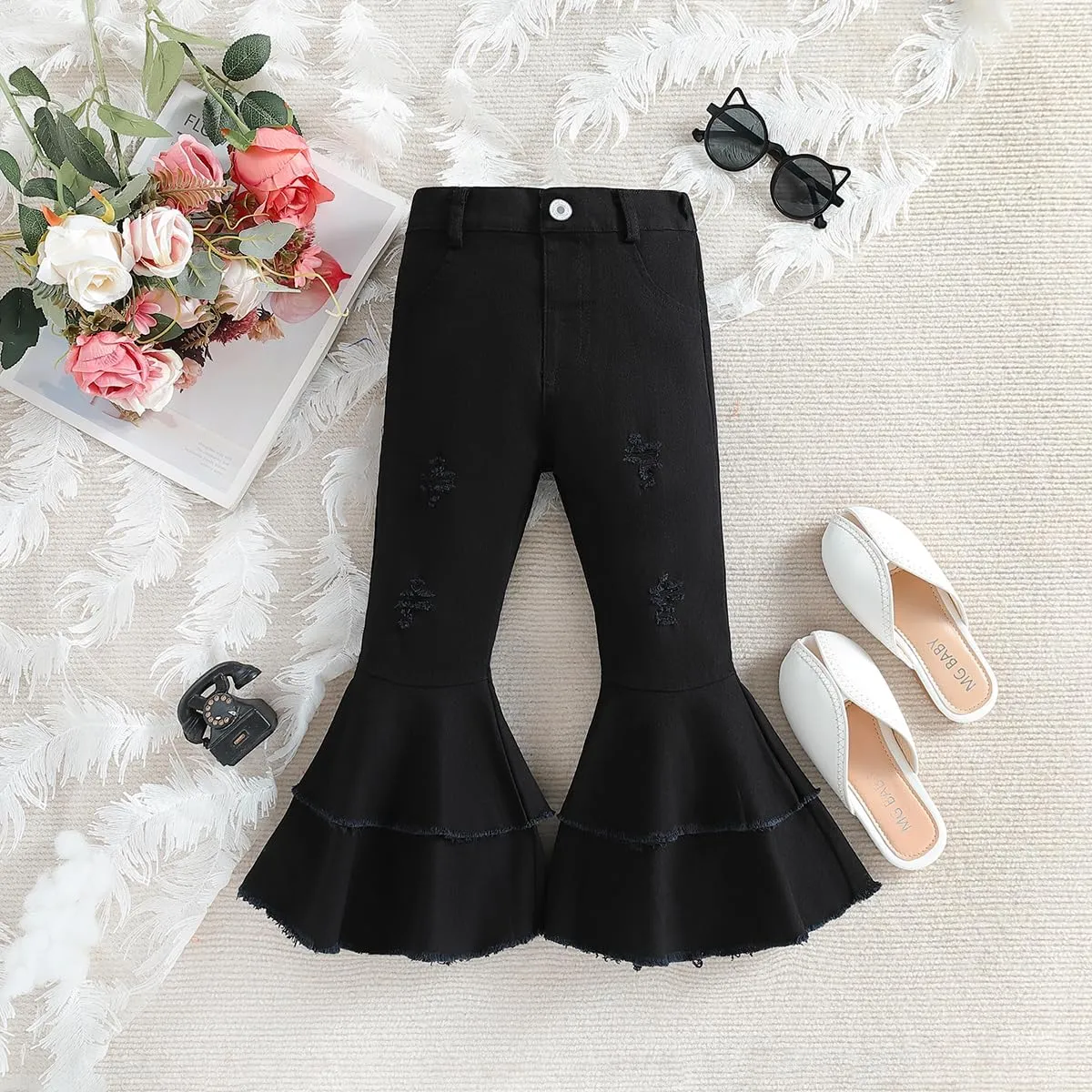 IWEMEK Toddler Girls Ruffle Ripped Jeans Bell Bottom Flare Pants Ripped Denim Leggings Trousers Elastic Waist Ruffle Pants