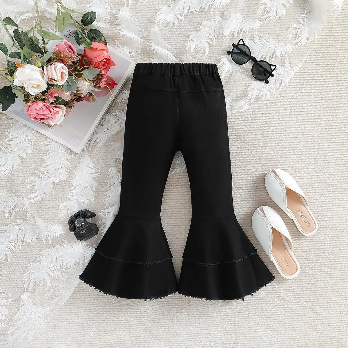 IWEMEK Toddler Girls Ruffle Ripped Jeans Bell Bottom Flare Pants Ripped Denim Leggings Trousers Elastic Waist Ruffle Pants