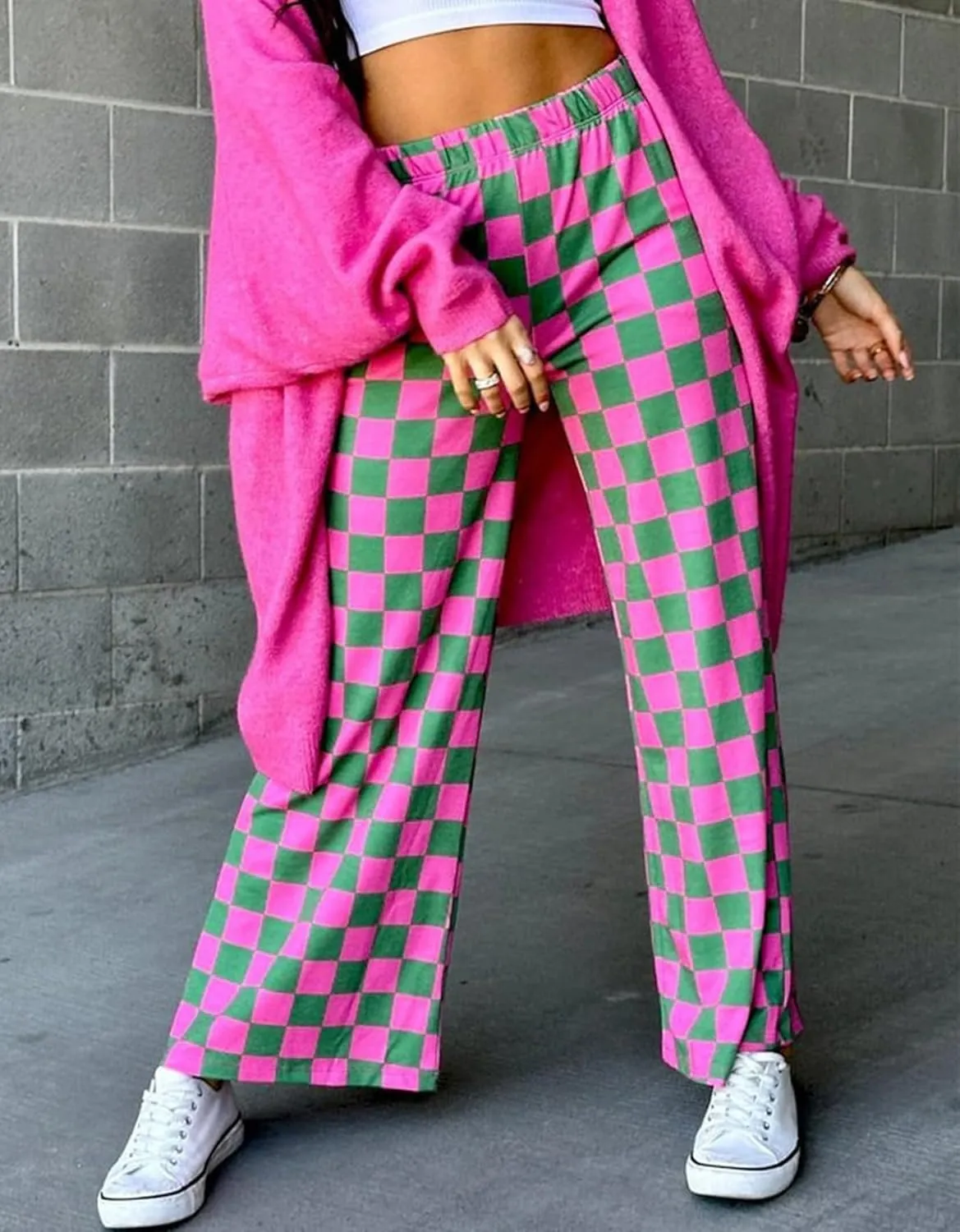 IWOLLENCE Women's Casual Loose Checkered Wide Leg Pants High Waist Straight Lounge Y2K Gingham Trousers Summer