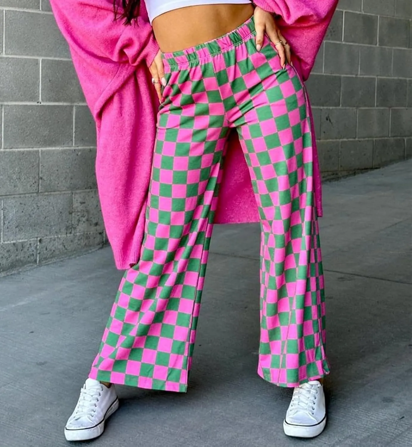 IWOLLENCE Women's Casual Loose Checkered Wide Leg Pants High Waist Straight Lounge Y2K Gingham Trousers Summer