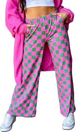 IWOLLENCE Women's Casual Loose Checkered Wide Leg Pants High Waist Straight Lounge Y2K Gingham Trousers Summer