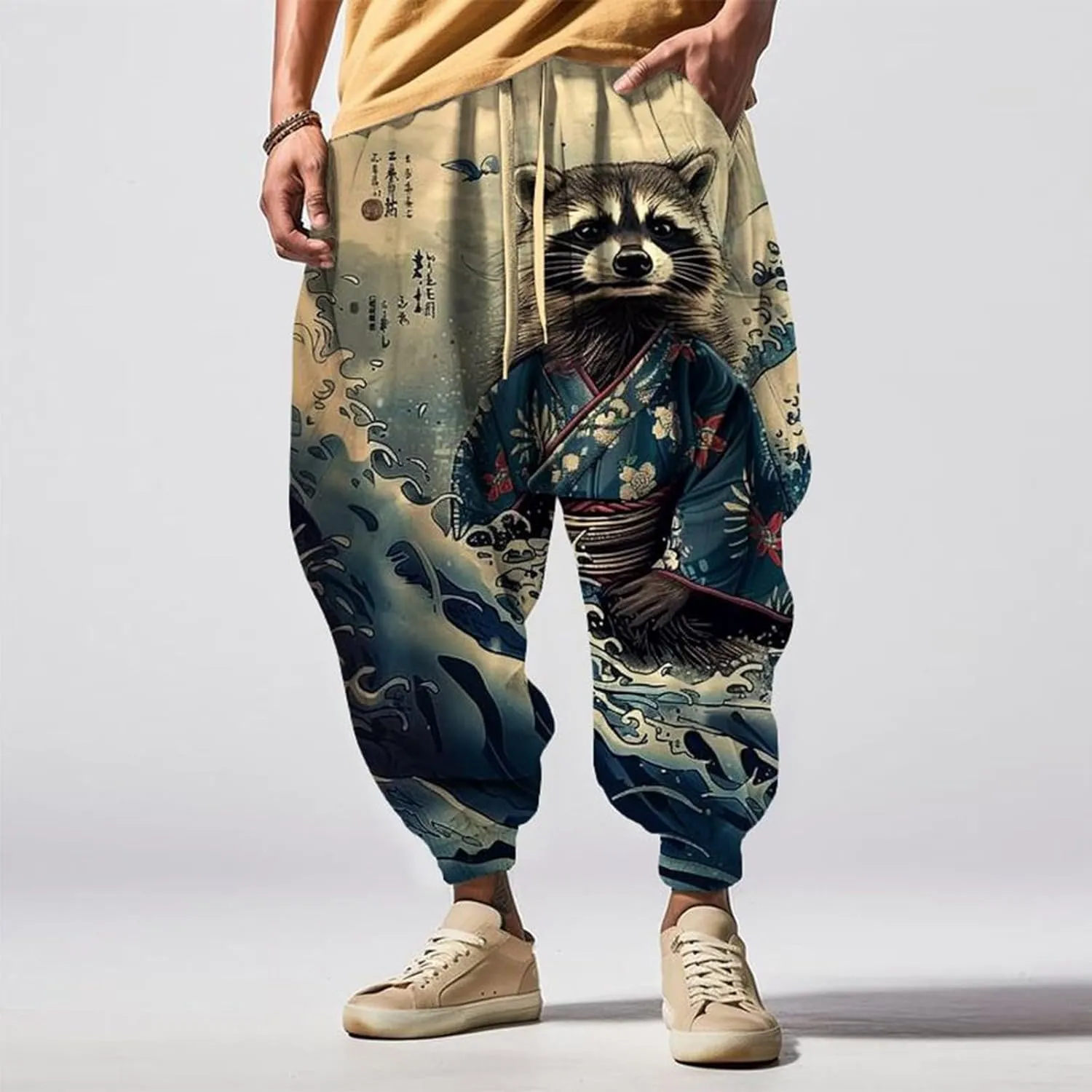 Japanese Pants Men Casual Baggy Anime Print Joggers Sweatpants Elastic Drawstring Tapered Boho Hippie Harem Pants