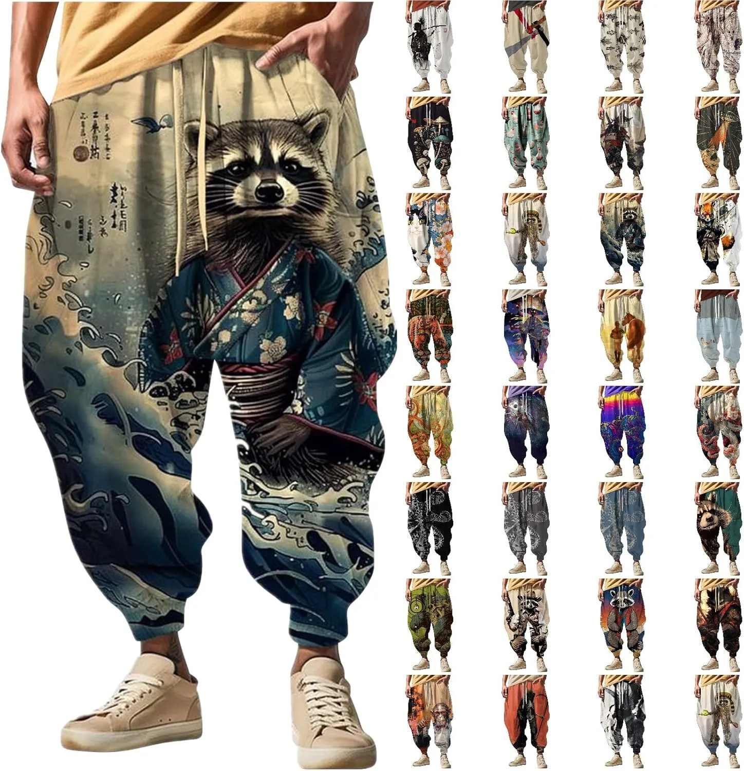 Japanese Pants Men Casual Baggy Anime Print Joggers Sweatpants Elastic Drawstring Tapered Boho Hippie Harem Pants