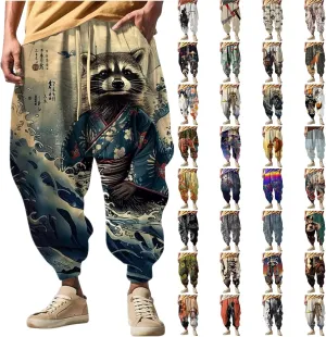 Japanese Pants Men Casual Baggy Anime Print Joggers Sweatpants Elastic Drawstring Tapered Boho Hippie Harem Pants