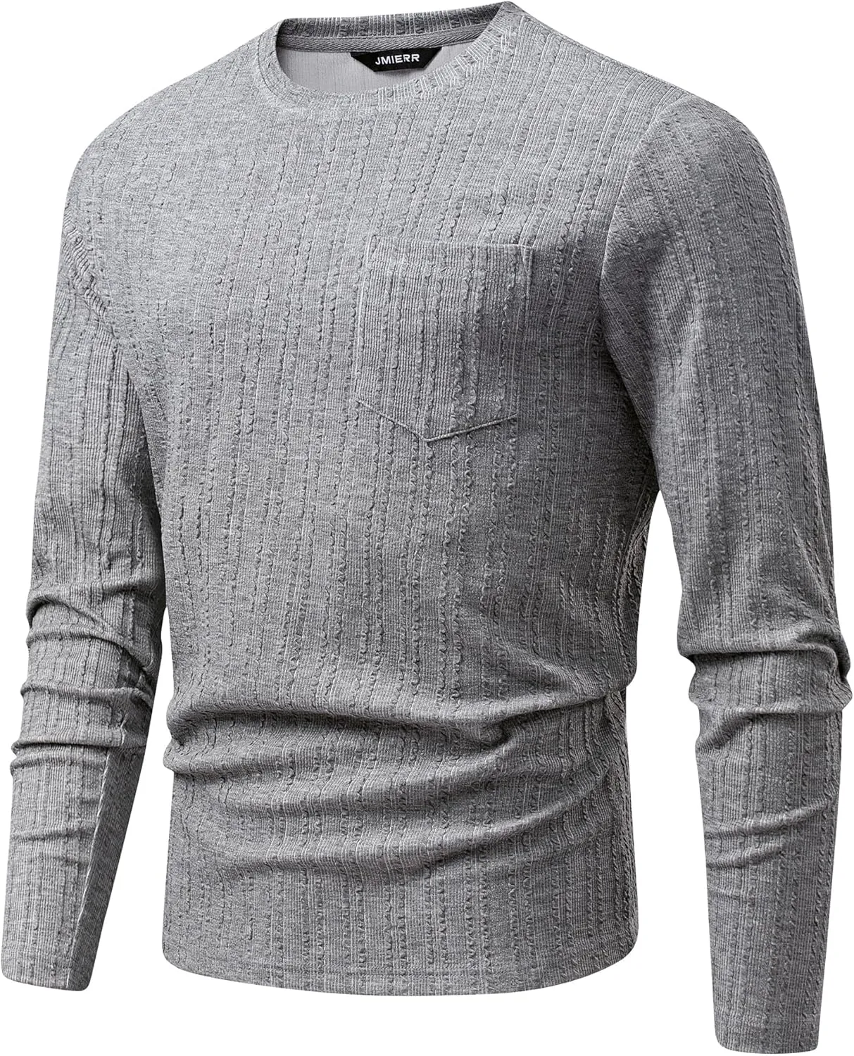 JMIERR Men's Long Sleeve Shirts Casual Crewneck Pullover T-Shirt Stretch Textured Knit Tee with Pocket