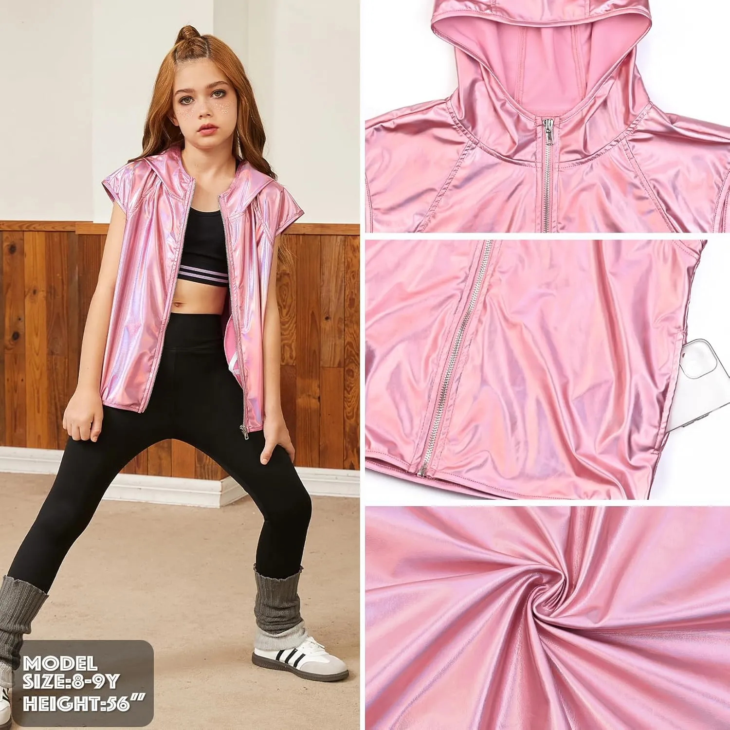 Jxstar Girls Metallic Hoodie Vest Kids Shiny Zip Up Outfit Sleeveless Disco Shirt with Pocket