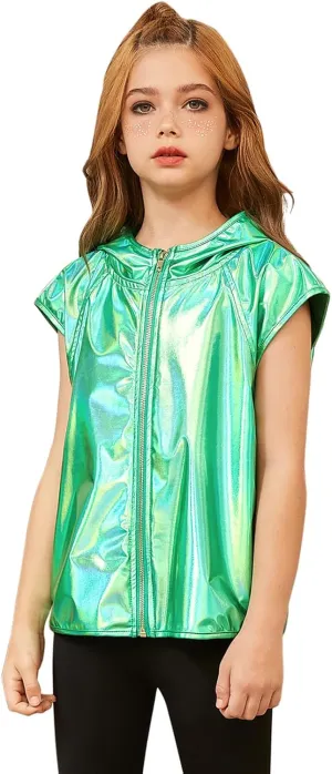 Jxstar Girls Metallic Hoodie Vest Kids Shiny Zip Up Outfit Sleeveless Disco Shirt with Pocket