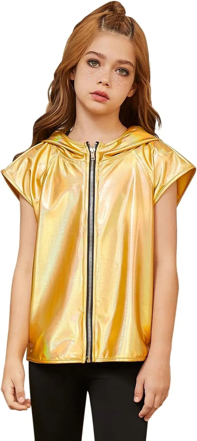 Jxstar Girls Metallic Hoodie Vest Kids Shiny Zip Up Outfit Sleeveless Disco Shirt with Pocket