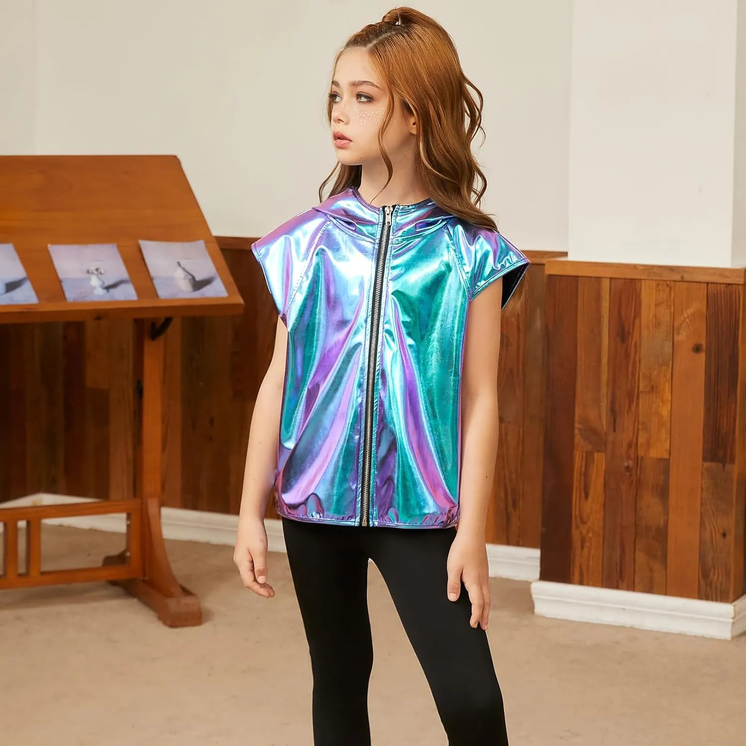 Jxstar Girls Metallic Hoodie Vest Kids Shiny Zip Up Outfit Sleeveless Disco Shirt with Pocket