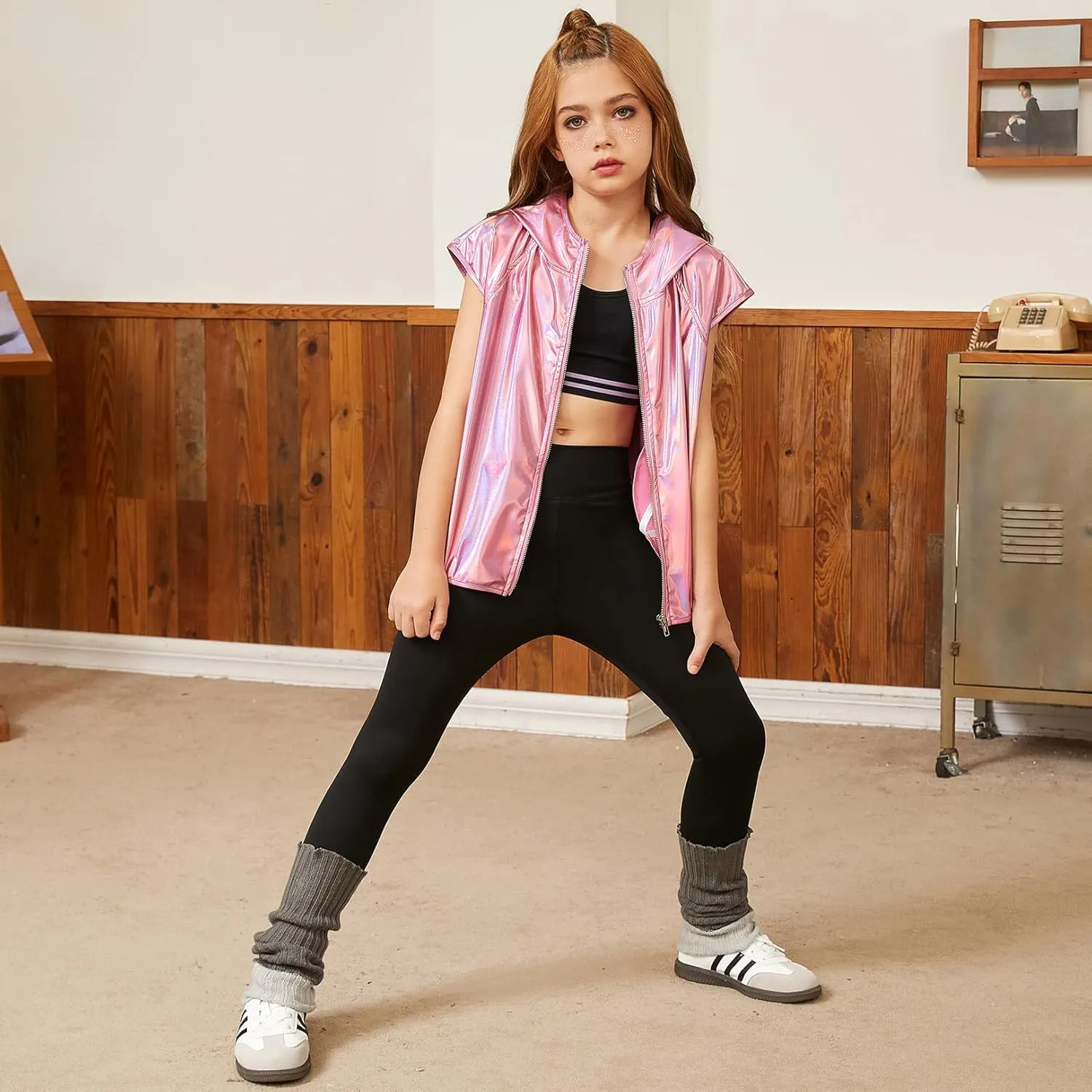 Jxstar Girls Metallic Hoodie Vest Kids Shiny Zip Up Outfit Sleeveless Disco Shirt with Pocket