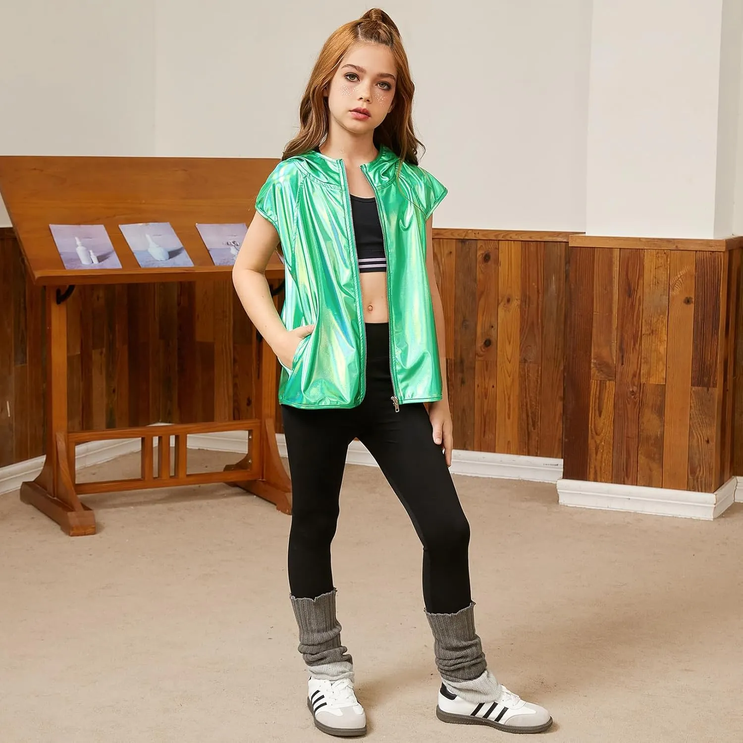 Jxstar Girls Metallic Hoodie Vest Kids Shiny Zip Up Outfit Sleeveless Disco Shirt with Pocket
