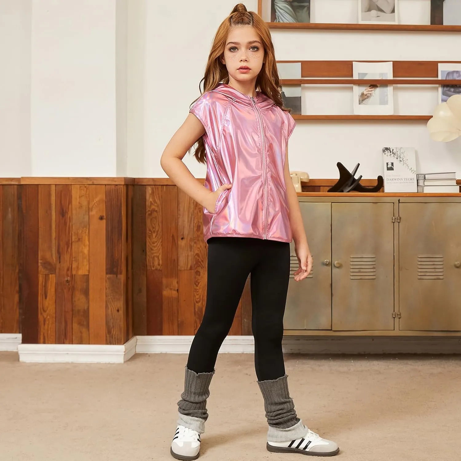 Jxstar Girls Metallic Hoodie Vest Kids Shiny Zip Up Outfit Sleeveless Disco Shirt with Pocket