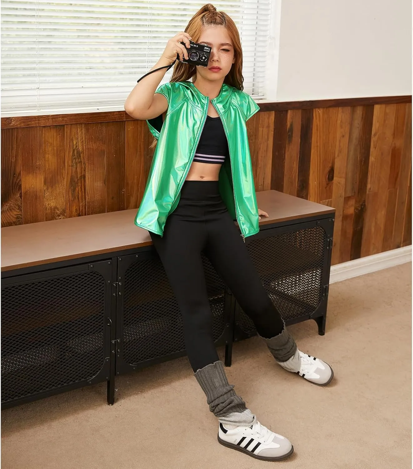 Jxstar Girls Metallic Hoodie Vest Kids Shiny Zip Up Outfit Sleeveless Disco Shirt with Pocket