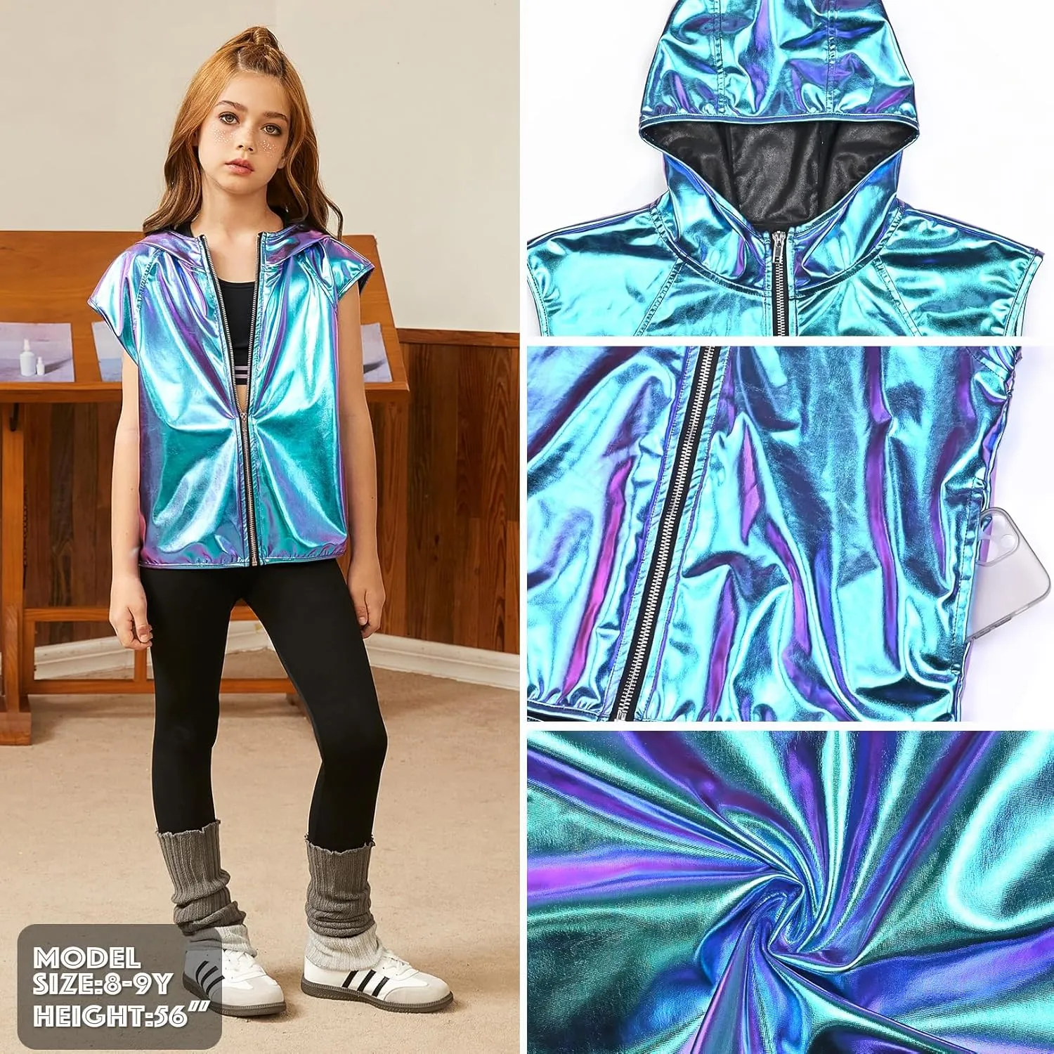 Jxstar Girls Metallic Hoodie Vest Kids Shiny Zip Up Outfit Sleeveless Disco Shirt with Pocket