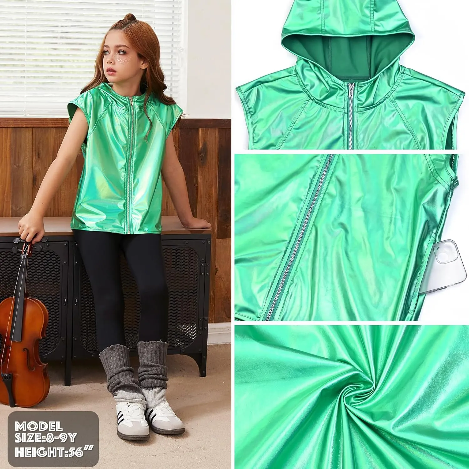 Jxstar Girls Metallic Hoodie Vest Kids Shiny Zip Up Outfit Sleeveless Disco Shirt with Pocket