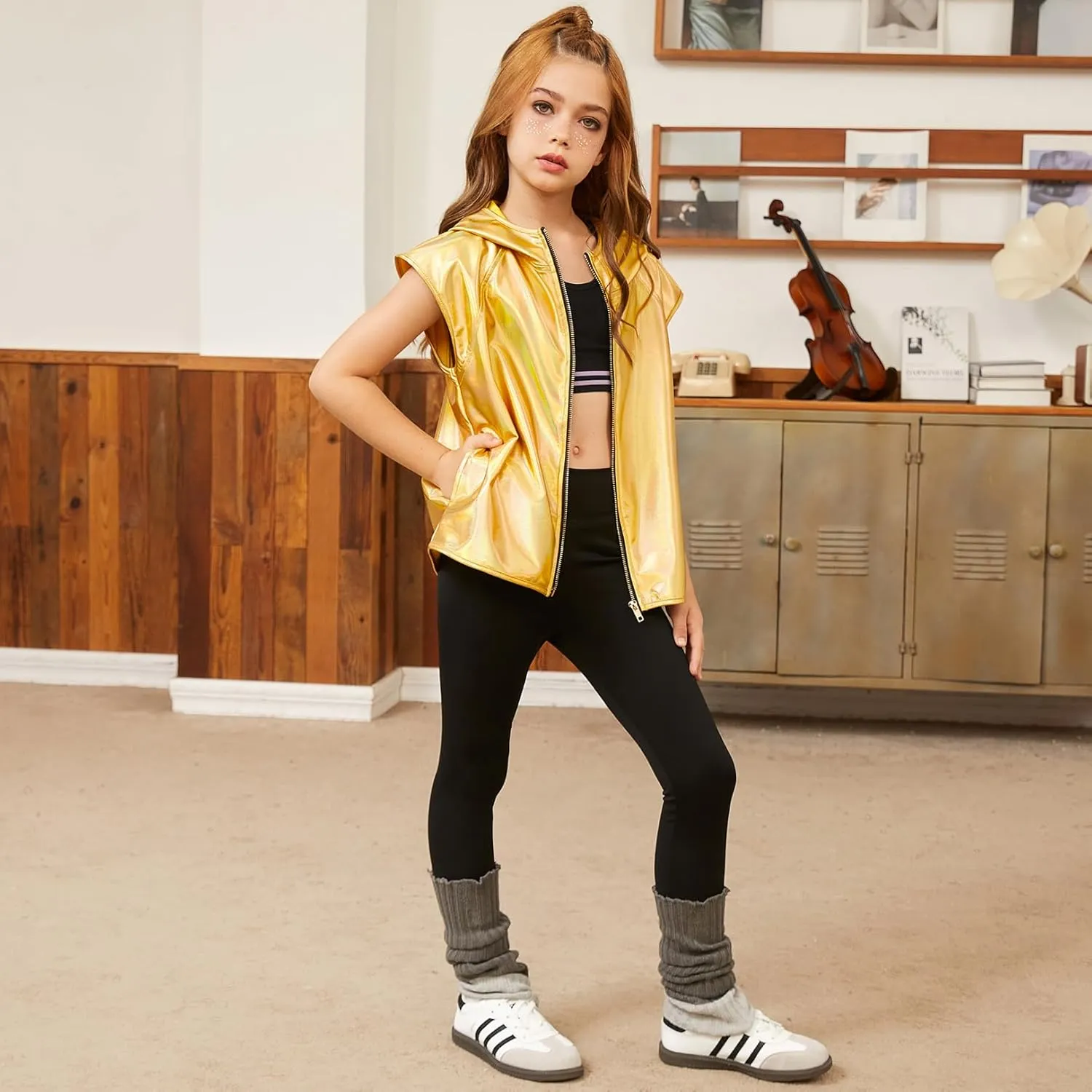 Jxstar Girls Metallic Hoodie Vest Kids Shiny Zip Up Outfit Sleeveless Disco Shirt with Pocket
