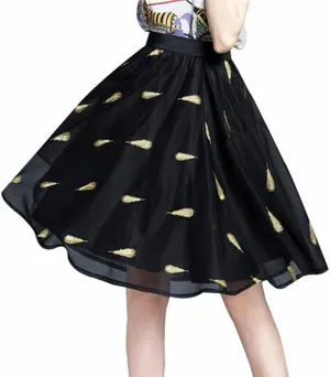 Kafeimali Women's Embroidered Elastic Waist Puff A-Line Pleated Skater Midi Skirt