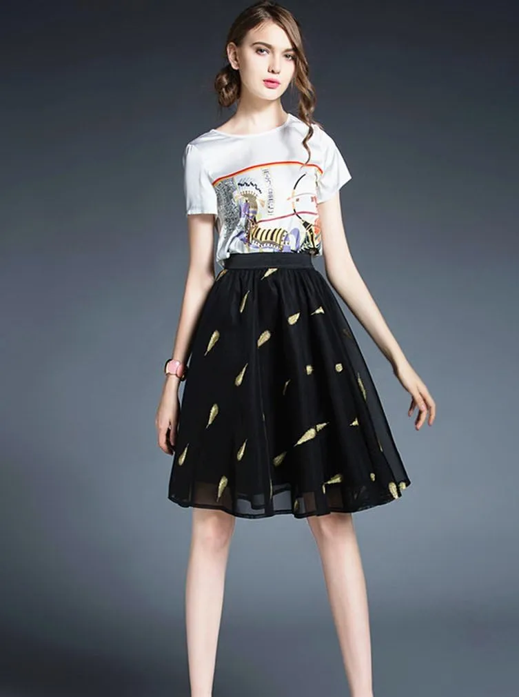 Kafeimali Women's Embroidered Elastic Waist Puff A-Line Pleated Skater Midi Skirt