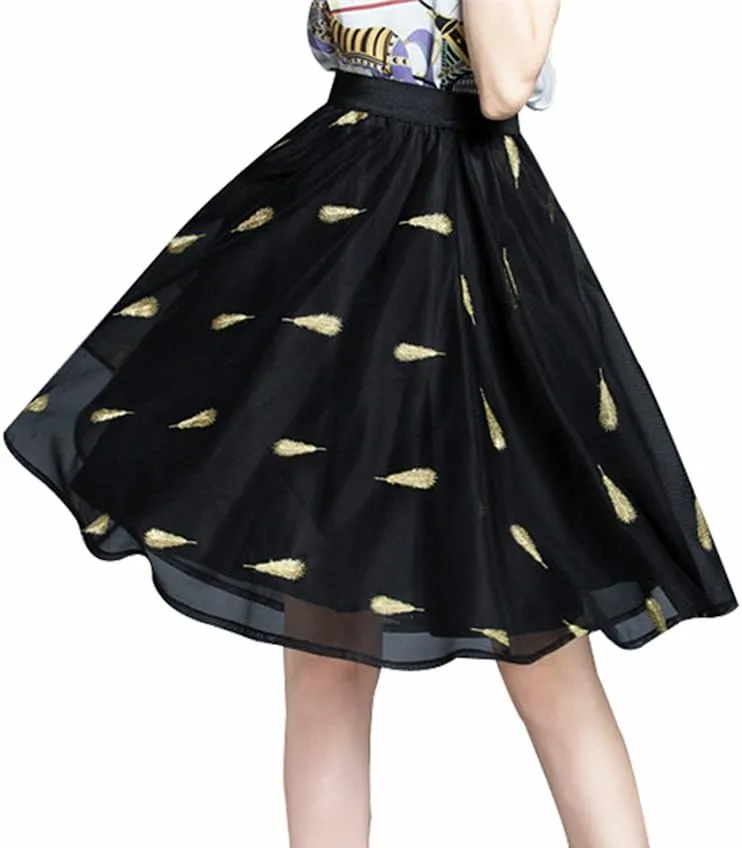 Kafeimali Women's Embroidered Elastic Waist Puff A-Line Pleated Skater Midi Skirt