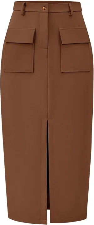 KIRUNDO Women High Waisted Cargo Midi Skirt Trendy Spring Summer Pencil Slit Dressy Casual Business Work Long Skirts