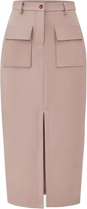 KIRUNDO Women High Waisted Cargo Midi Skirt Trendy Spring Summer Pencil Slit Dressy Casual Business Work Long Skirts