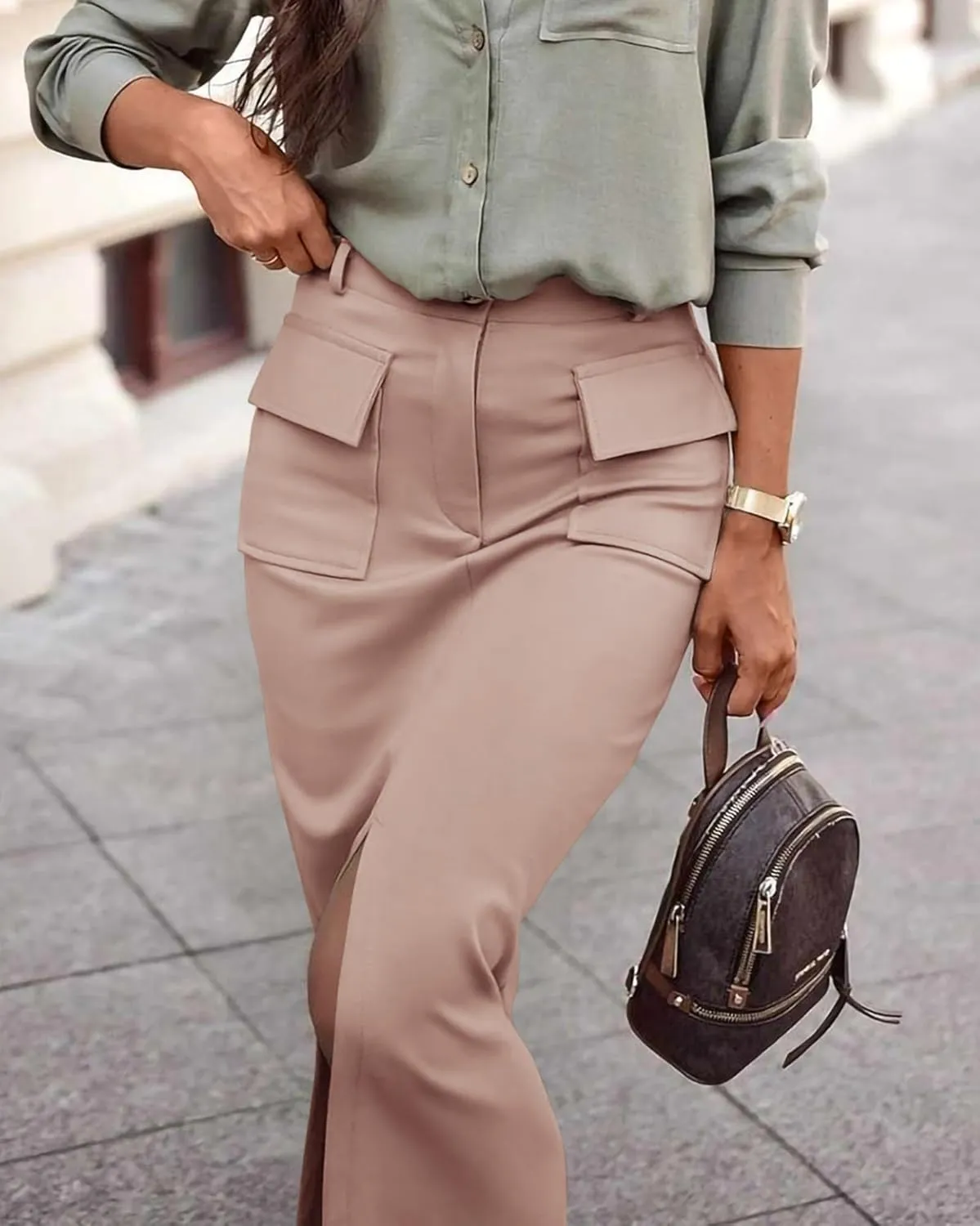 KIRUNDO Women High Waisted Cargo Midi Skirt Trendy Spring Summer Pencil Slit Dressy Casual Business Work Long Skirts