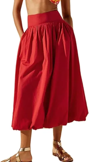 KMBANGI Y2k Women Bubble Maxi Skirt Elastic Smocked Waist Casual Pleated Long Skirts Ruffle Balloon Midi Skirt Streetwear