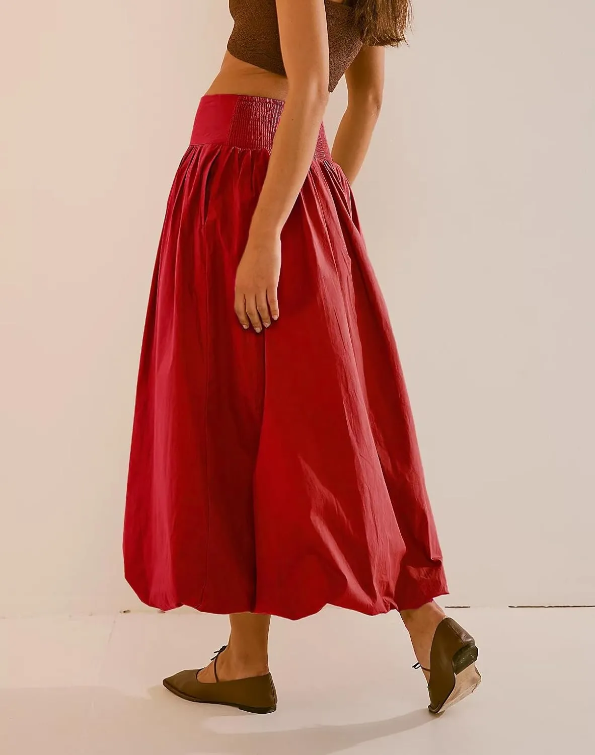 KMBANGI Y2k Women Bubble Maxi Skirt Elastic Smocked Waist Casual Pleated Long Skirts Ruffle Balloon Midi Skirt Streetwear