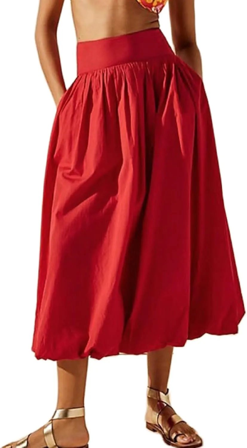KMBANGI Y2k Women Bubble Maxi Skirt Elastic Smocked Waist Casual Pleated Long Skirts Ruffle Balloon Midi Skirt Streetwear