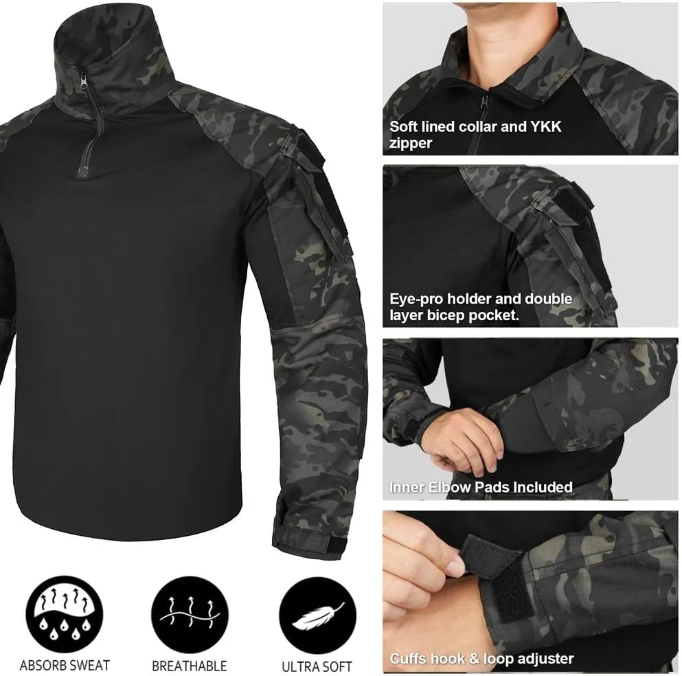 KRYDEX Tactical Men's Combat Shirt Rapid Assault Long Sleeve Shirt with Elbow Pads