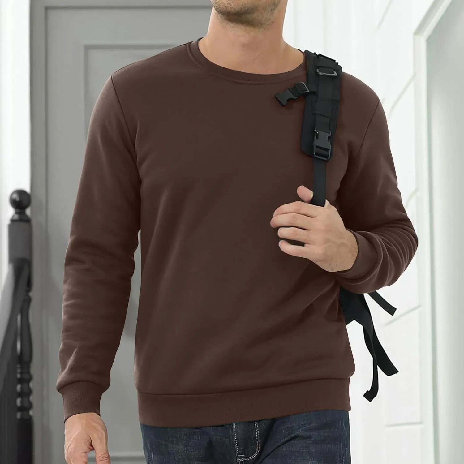 KUIOLYPOER Men's Crewneck Sweatshirt Casual Long Sleeve Solid Fleece Sweatshirt Fall and Winter Warm Sherpa Lined Pullover