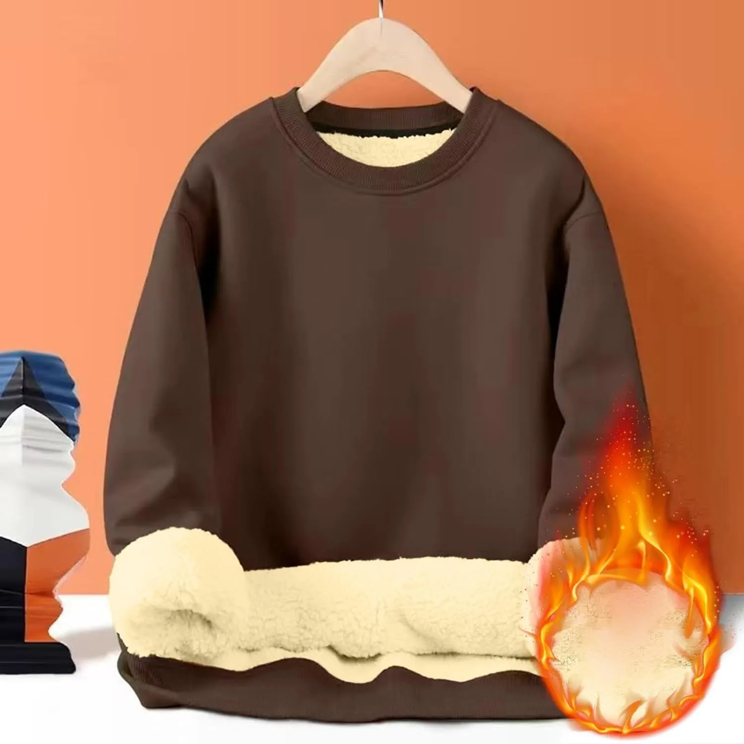 KUIOLYPOER Men's Crewneck Sweatshirt Casual Long Sleeve Solid Fleece Sweatshirt Fall and Winter Warm Sherpa Lined Pullover