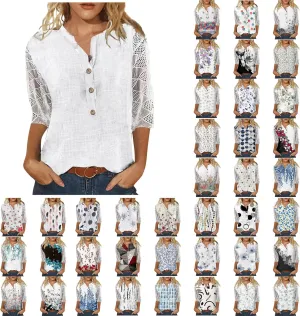 Lace 3/4 Length Sleeve Henley Shirts for Women Floral Print V Neck Button Down Trendy Summer Tops