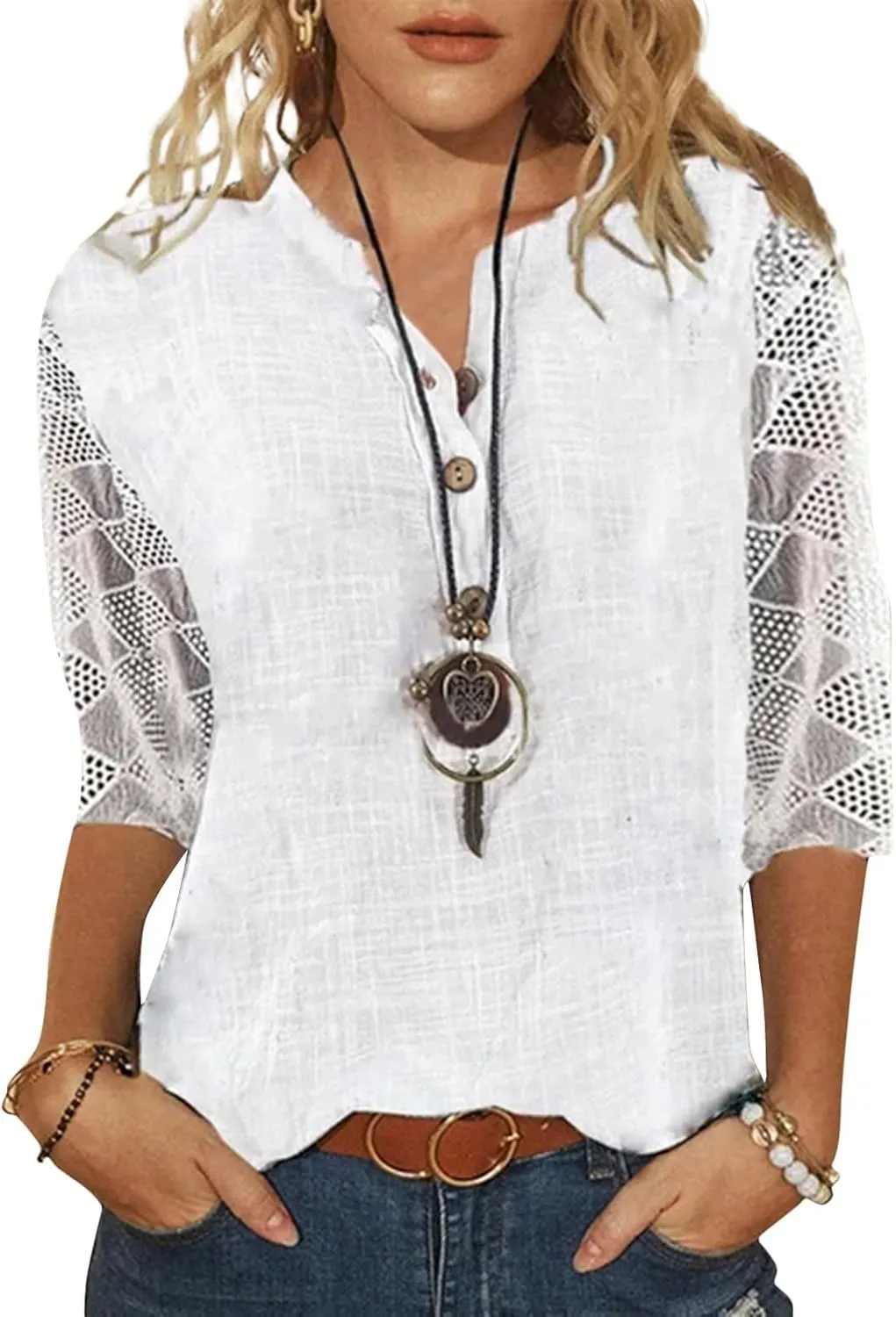 Lace 3/4 Length Sleeve Henley Shirts for Women Floral Print V Neck Button Down Trendy Summer Tops