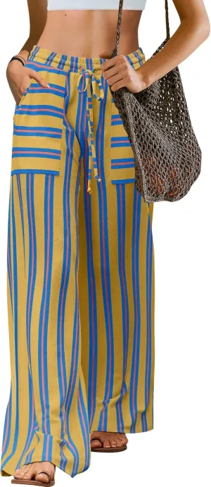 LAMISSCHE Womens Oversized Striped Wide Leg Pants High Waisted Lounge Pants Beach Trousers with Pockets